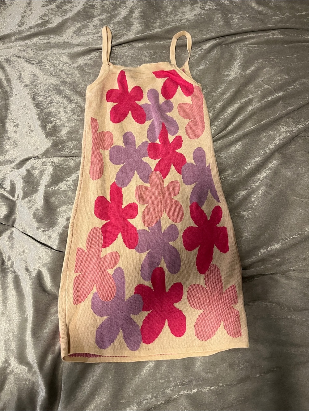 SHEIN Cream Knit Slip Dress with Pink & Purple Floral Print